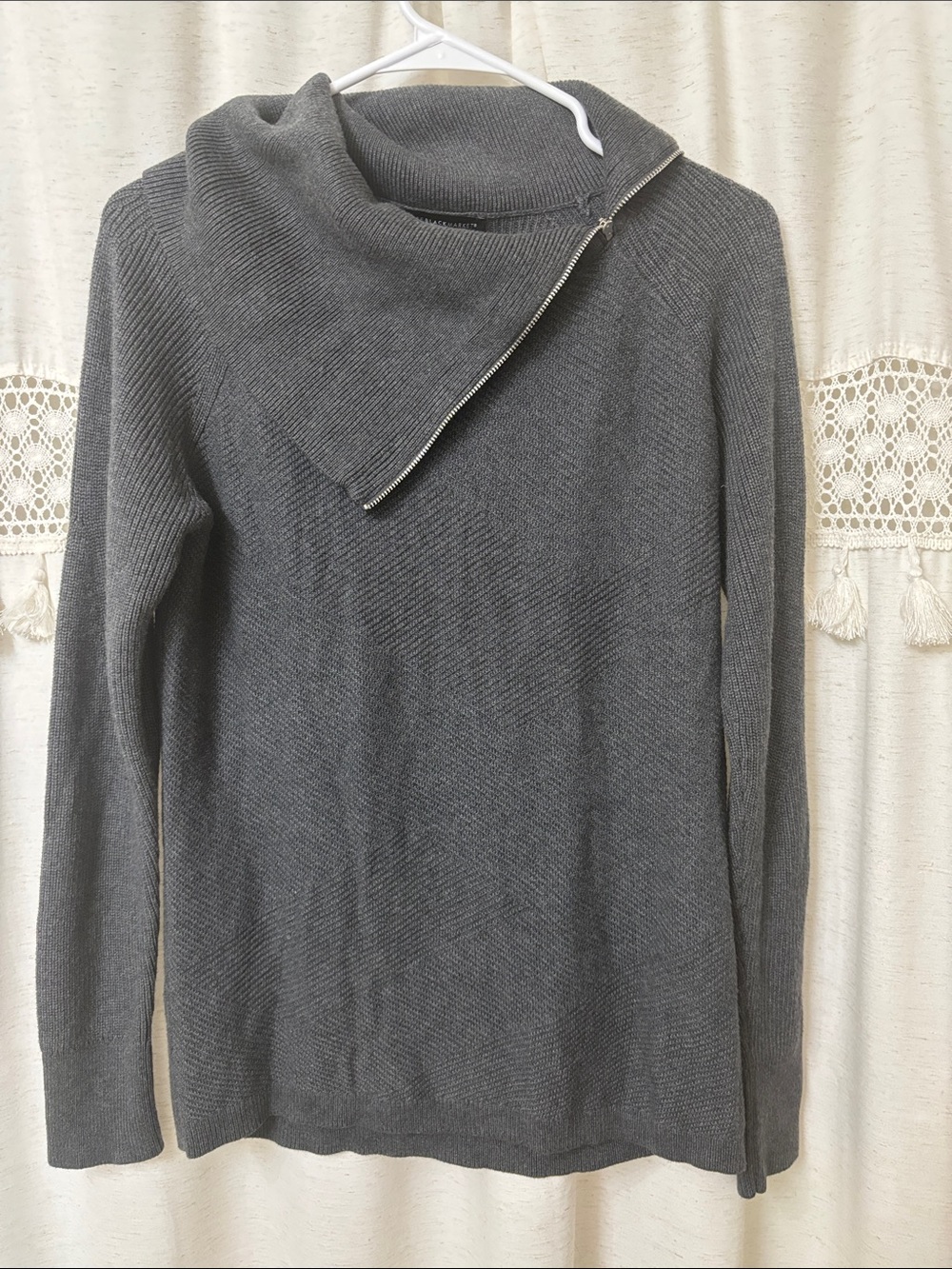 White House Black Market Gray Asymmetrical Zip Cowl Sweater